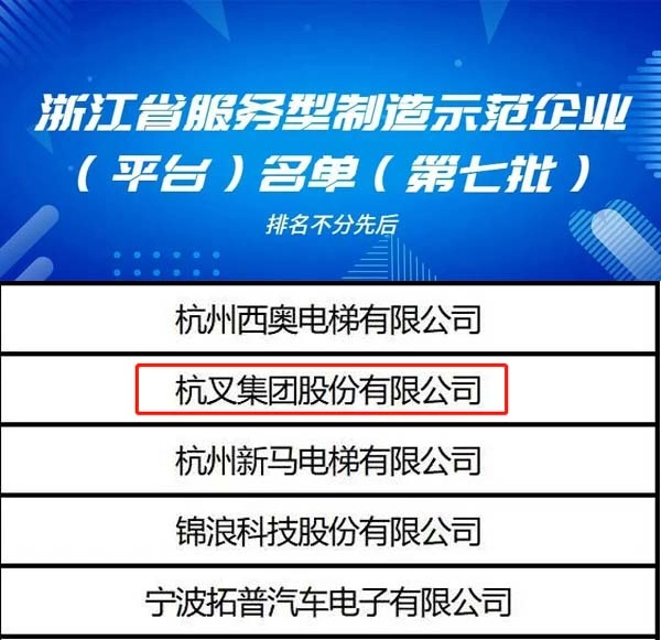 喜讯！杭叉集团荣列浙江省服务型制造示范企业名单